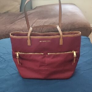 Michael Kors Red and Tan Tote Bag with Gold Accents